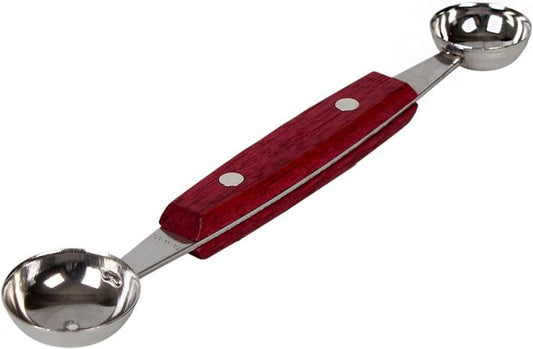 7" Stainless Steel Double Melon Baller with Wooden Center Grip- Fruit Vegetable Kitchen Gadget Fruit Scooper Smooth Round Melon Scoop for Watermelon Ice Cream Sorbet Meatball