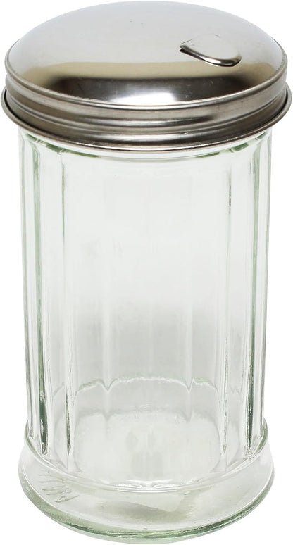 12oz Glass Sugar Dispenser Pourer Shaker with Side Flip Stainless Steel Lid Cover- Paneled design Sugar Cinnamon Sugar Pepper Powder Cocoa Shaker for Kitchen and Restaurants
