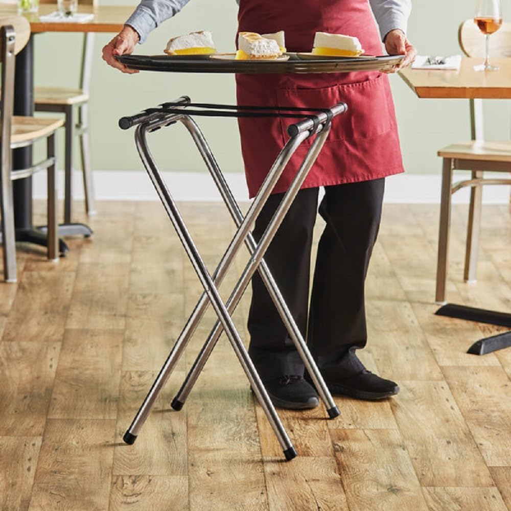 Folding Serving Tray Stand Chrome Plated Iron with Black Nylon Straps - Use at Home Hotels and Restaurants