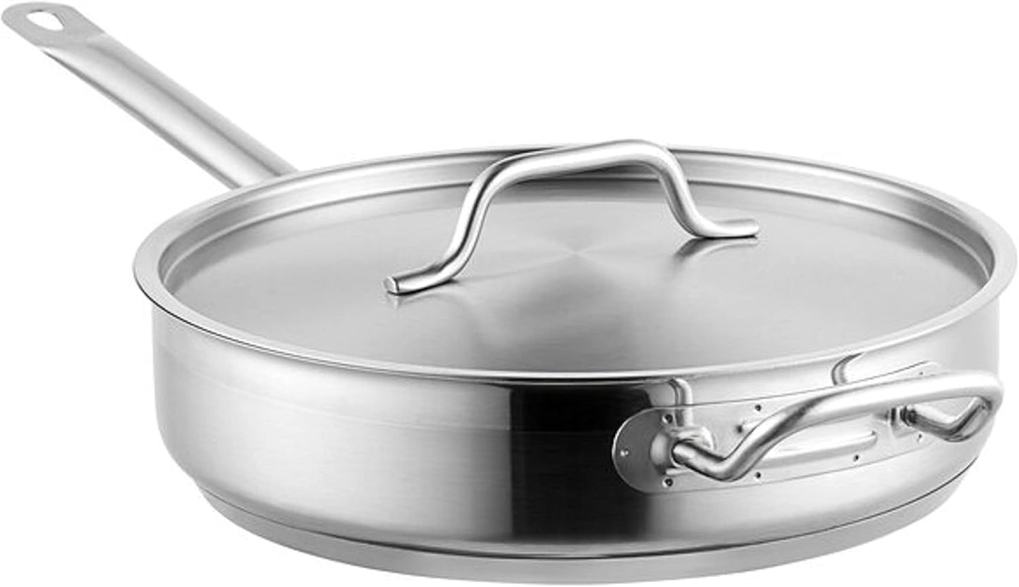 Stainless Steel Saute Pan with Lid and Welded Hollow Handle - Versatile Chef's Cooking and Egg Pan
