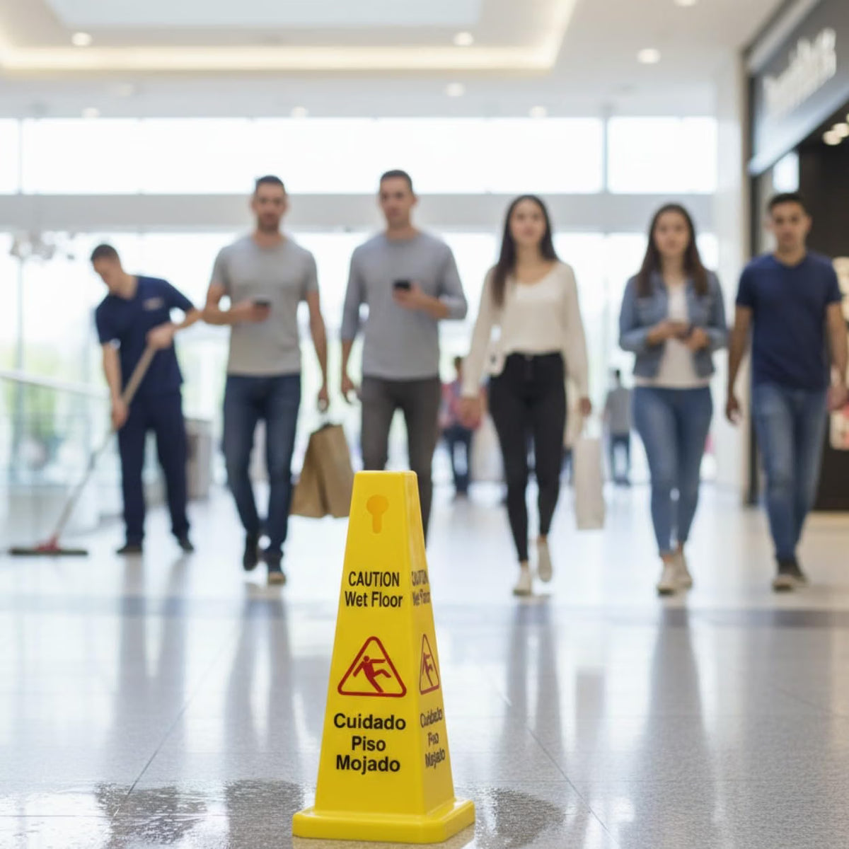 10 3/4" x 10 3/4" Cone Shape Wet Floor Caution Sign Yellow Color- Four-Sided Safety Warning Signs for Commercial Use 27 Inches Height Bilingual Warning Sign