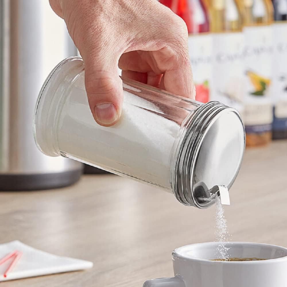 12oz Glass Sugar Dispenser Pourer Shaker with Side Flip Stainless Steel Lid Cover- Paneled design Sugar Cinnamon Sugar Pepper Powder Cocoa Shaker for Kitchen and Restaurants