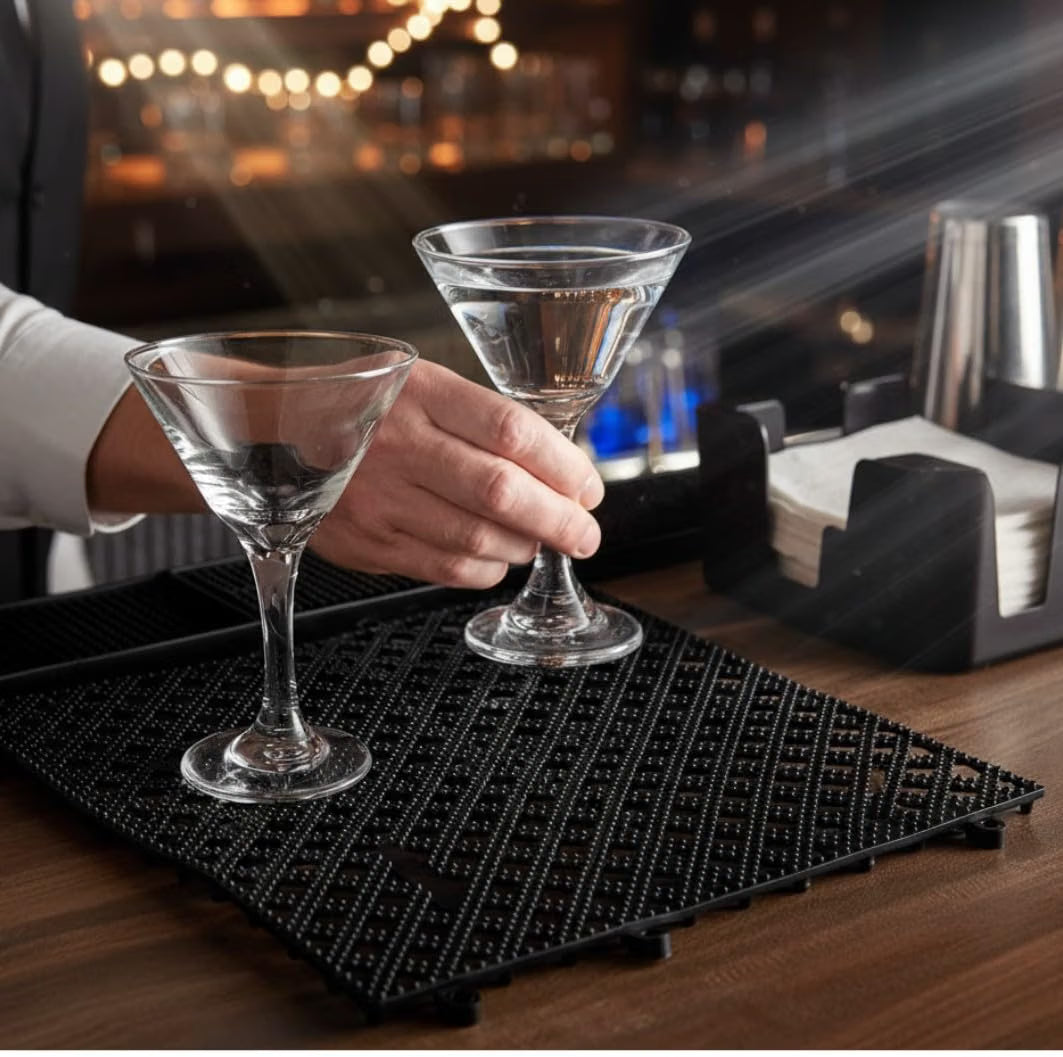 12" x 12" Interlocking Bar Mat Black Color - Bar Service Spill Mat Service Mat for Cocktail Bartender Glasses Drying Mat Perfect for Kitchen Countertop Bars Cafe Home & Restaurants