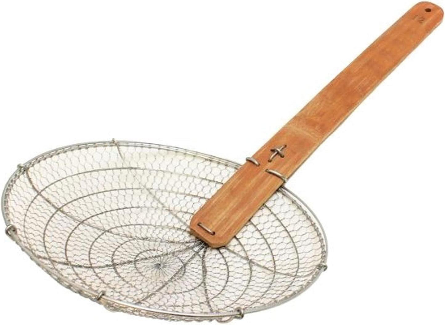 Mesh Skimmer Galvanized Steel with Natural Bamboo Handle- Spider Strainer Ladle Kitchen Frying Food Pasta Spaghetti for Cooking and Frying Pasta Strainer Spoon