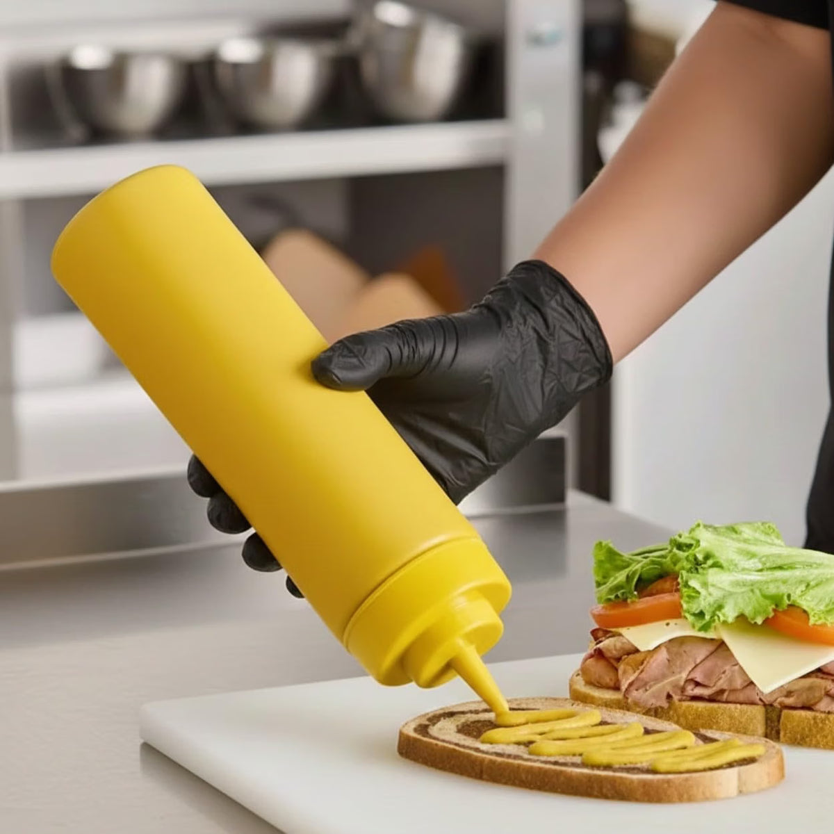 Set of 6 Squeeze Condiment Wide Mouth Dispensing Bottles - Plastic Squeeze Bottle for Sauces Spreads Ketchup Mustard Mayo Hot sauces and Olive oil