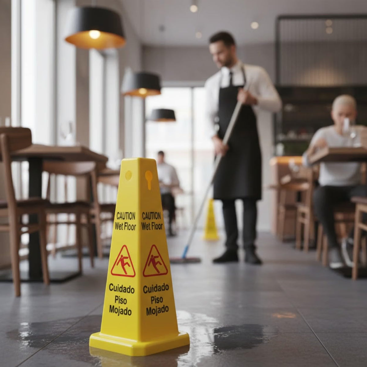 10 3/4" x 10 3/4" Cone Shape Wet Floor Caution Sign Yellow Color- Four-Sided Safety Warning Signs for Commercial Use 27 Inches Height Bilingual Warning Sign