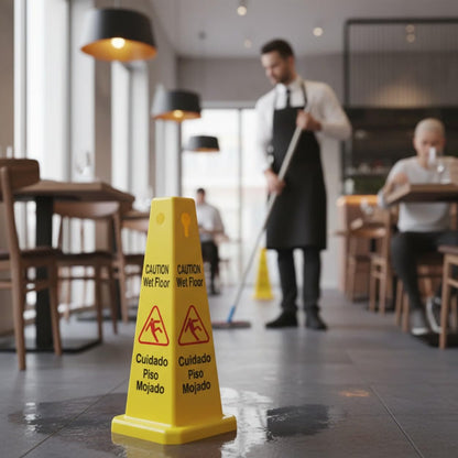 10 3/4" x 10 3/4" Cone Shape Wet Floor Caution Sign Yellow Color- Four-Sided Safety Warning Signs for Commercial Use 27 Inches Height Bilingual Warning Sign