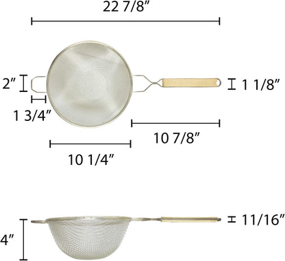 Double Fine Tin Mesh Strainer Handle Length Wooden Handle- Kitchen Utensil Food Strainer Skimmer Spoon for Cooking Sieve Sifters Rice Quinoa Pasta Fruits Vegetable