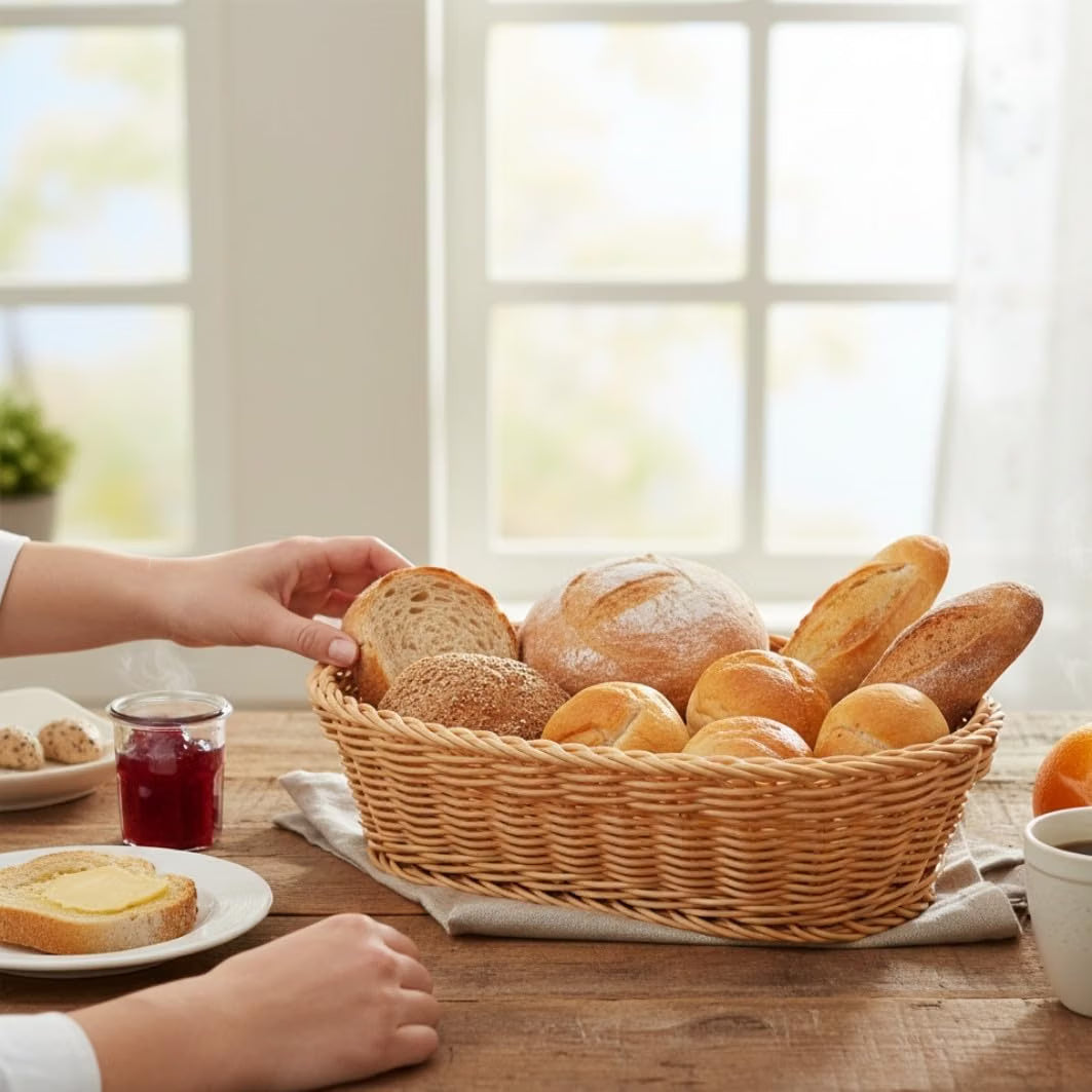 11" x 7" x 3-1/2" Plastic Oval Hand-Woven Bread Basket- Woven Food Serving Basket for Fruit Bread Serving Basket Decorative Basket Perfect for Cafe Home and Restaurants