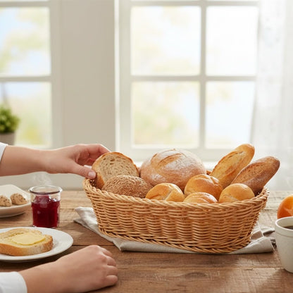11" x 7" x 3-1/2" Plastic Oval Hand-Woven Bread Basket- Woven Food Serving Basket for Fruit Bread Serving Basket Decorative Basket Perfect for Cafe Home and Restaurants