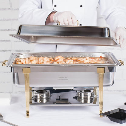 Stainless Steel Full Size Continental Chafing Dish Brass Accent Complete Set- Food Warmer Chafers and Buffet Warmer Sets for Catering Event Party Holiday Buffet Weddings Catering