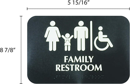9" x 6" Family Restroom/Accessible Restroom Sign with Braille with Easy Peel Self-Adhesive White on Black Color Set of 2- Door Sign Waterproof Self Adhesive Store Signs Indoor/Outdoor Warning Marker Home Business Use