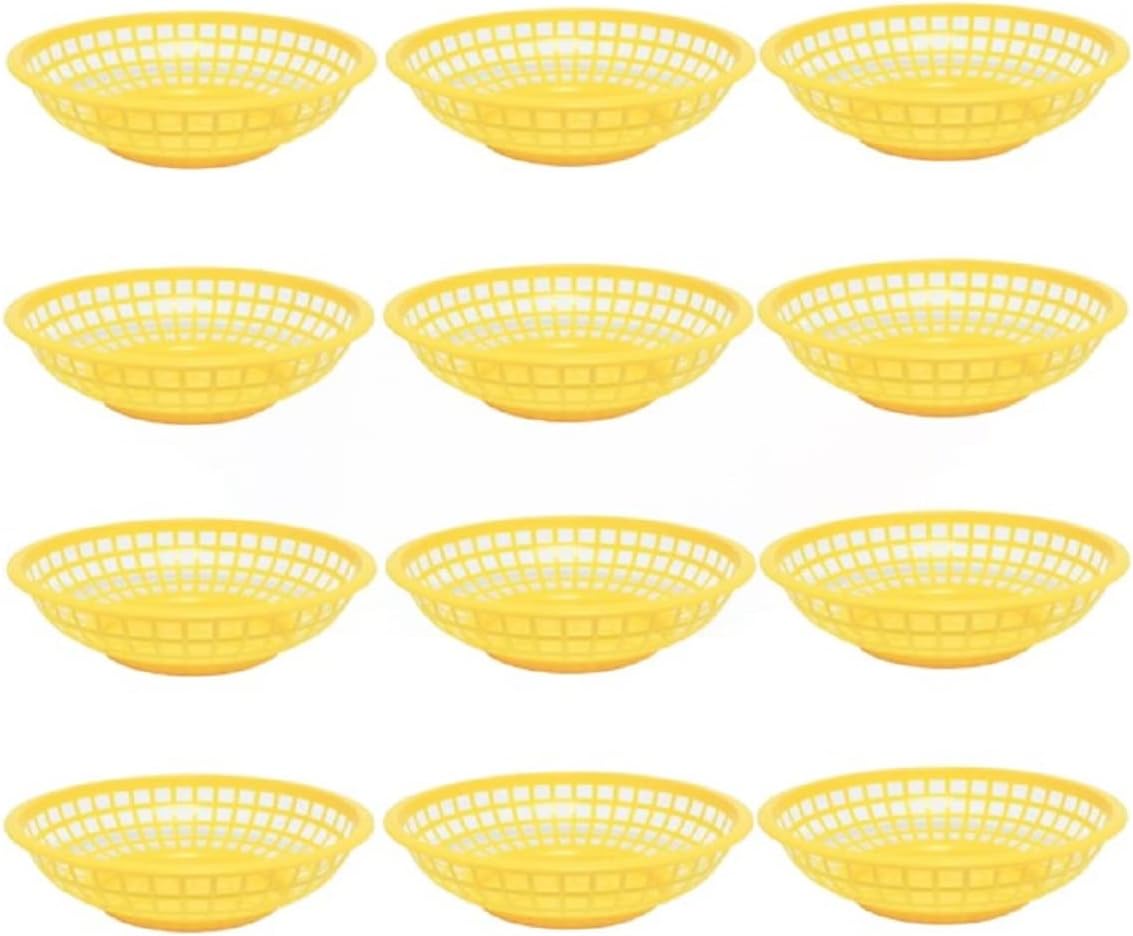 8" Round Fast Food Basket Plastic Set of 12- Fry Fast Food Reusable Foodservice Restaurant Diner Tray Plates Restaurant Supplies Deli Serving Chicken Burgers Sandwiches & Fries