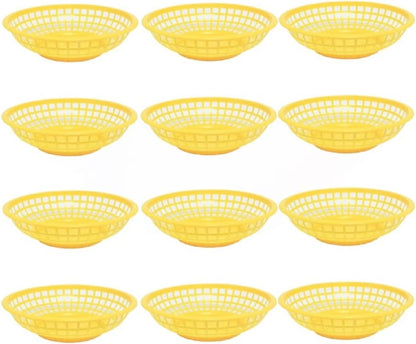 8" Round Fast Food Basket Plastic Set of 12- Fry Fast Food Reusable Foodservice Restaurant Diner Tray Plates Restaurant Supplies Deli Serving Chicken Burgers Sandwiches & Fries