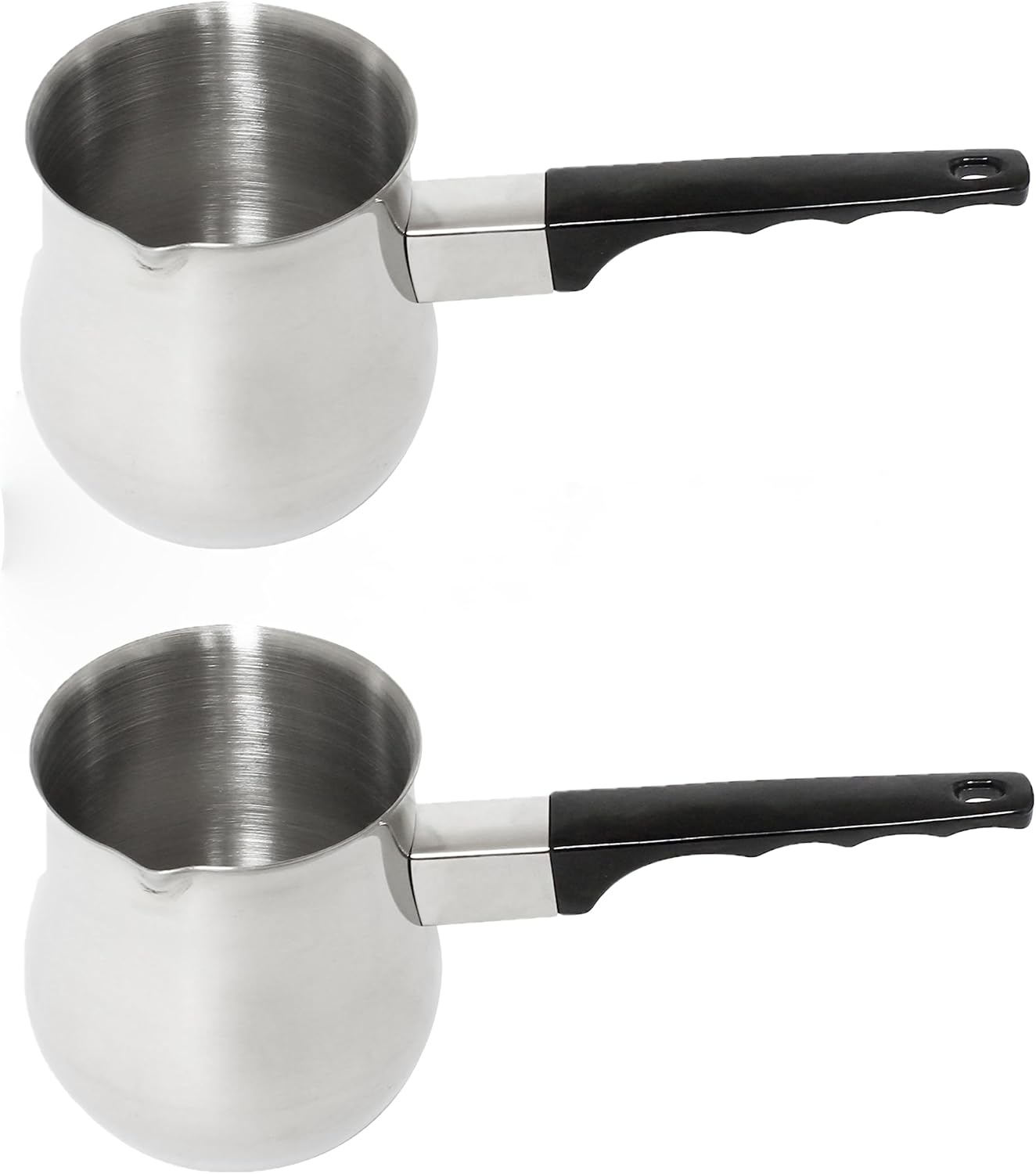 Stainless Steel Turkish Coffee Decanter with Black Easy-Grip Handle Set of 2- Turkish Coffee Maker Chai Pot Arabic Coffee Pot Briki Greek Coffee Pot Greek Briki Cezve Ibrik