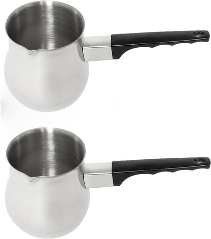 Stainless Steel Turkish Coffee Decanter with Black Easy-Grip Handle Set of 2- Turkish Coffee Maker Chai Pot Arabic Coffee Pot Briki Greek Coffee Pot Greek Briki Cezve Ibrik