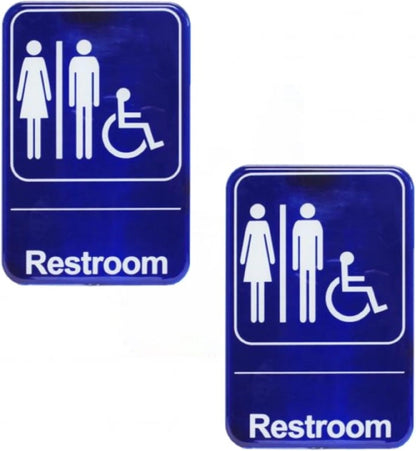 6" x 9" Restrooms/Accessible Bathroom Sign with Easy Peel Self-Adhesive White on Blue Color Set of 2- Waterproof Self Adhesive Store Signs Indoor/Outdoor Warning Marker Home Business Use