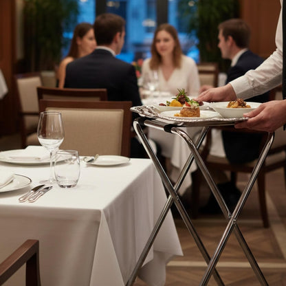 Folding Serving Tray Stand Chrome Plated Iron with Black Nylon Straps - Use at Home Hotels and Restaurants