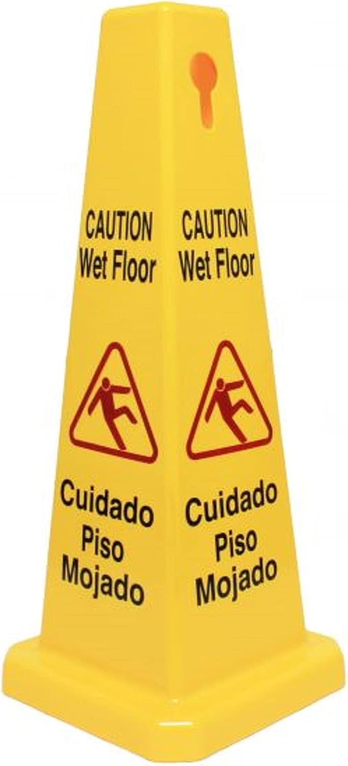 10 3/4" x 10 3/4" Cone Shape Wet Floor Caution Sign Yellow Color- Four-Sided Safety Warning Signs for Commercial Use 27 Inches Height Bilingual Warning Sign