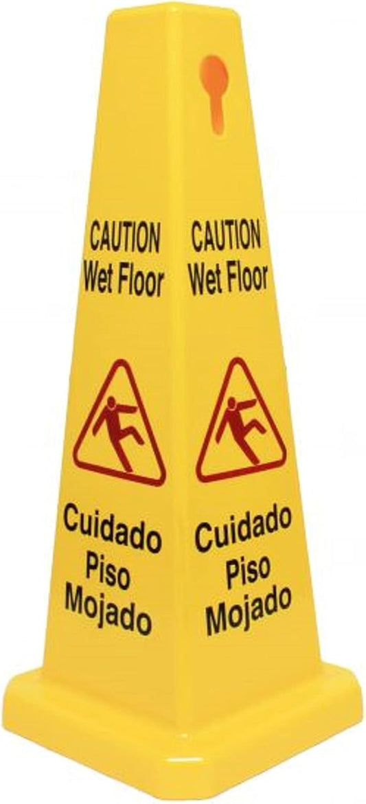 10 3/4" x 10 3/4" Cone Shape Wet Floor Caution Sign Yellow Color- Four-Sided Safety Warning Signs for Commercial Use 27 Inches Height Bilingual Warning Sign