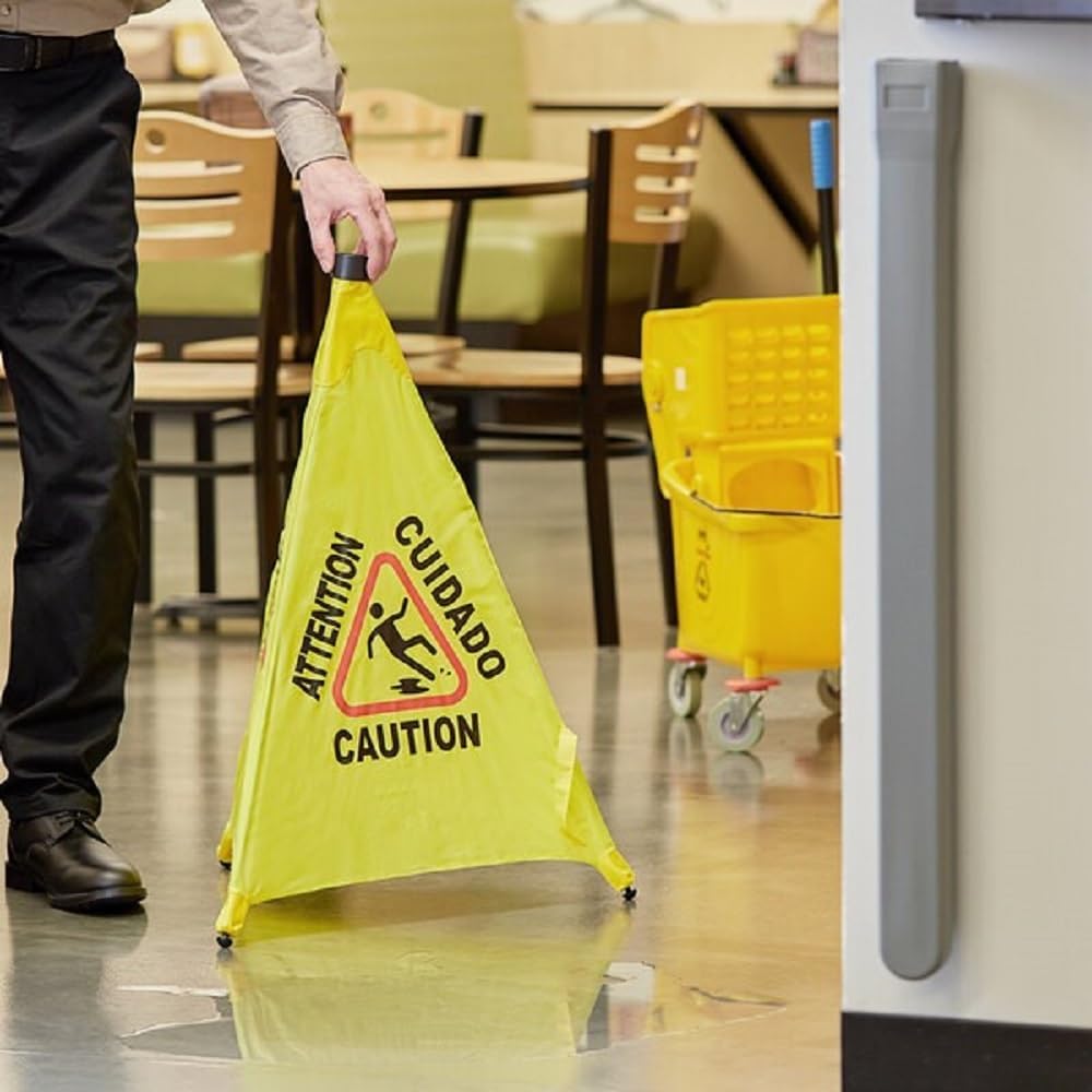 Pop-Up Safety Cone with Storage Tube- Multi-Lingual Caution Imprint and Wet Floor Symbol Floor Warning Sign in Public Spaces Safety Warning Signs for Commercial Use