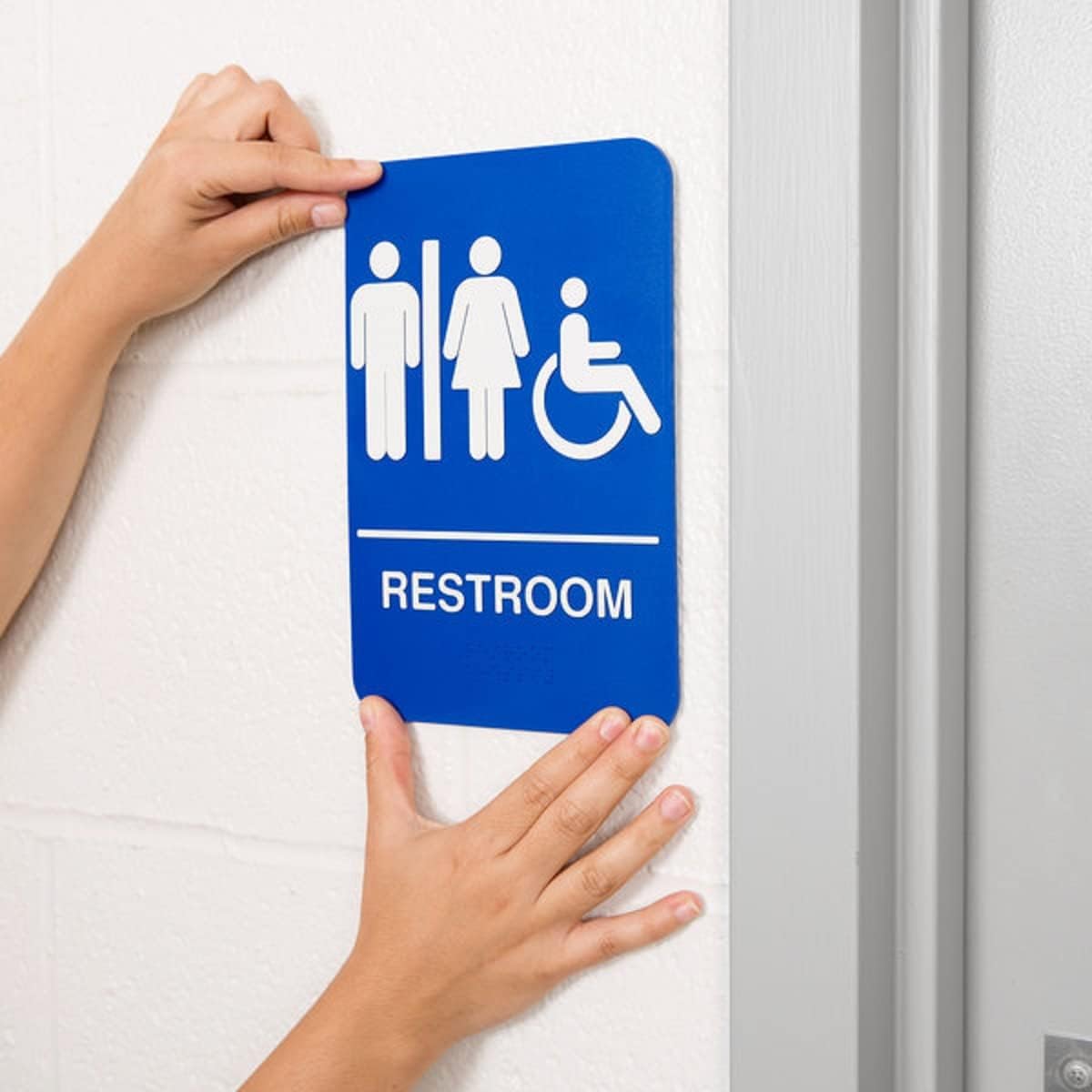 6" x 9" Restroom/Accessible Sign with Braille Easy Peel Self-Adhesive White on Blue Color Set of 2- Waterproof Self Adhesive Store Signs Indoor/Outdoor Warning Marker Home Business Use