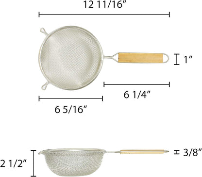 Double Fine Tin Mesh Strainer Handle Length Wooden Handle- Kitchen Utensil Food Strainer Skimmer Spoon for Cooking Sieve Sifters Rice Quinoa Pasta Fruits Vegetable