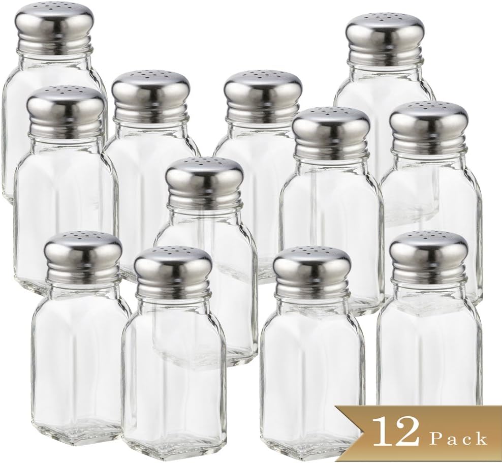 Classic Clear Glass Salt or Pepper Shakers with Stainless Steel Mushroom Tops Set of 12- Salt Shaker Stainless Lid-Glass Spice Jars Kitchen Accessories