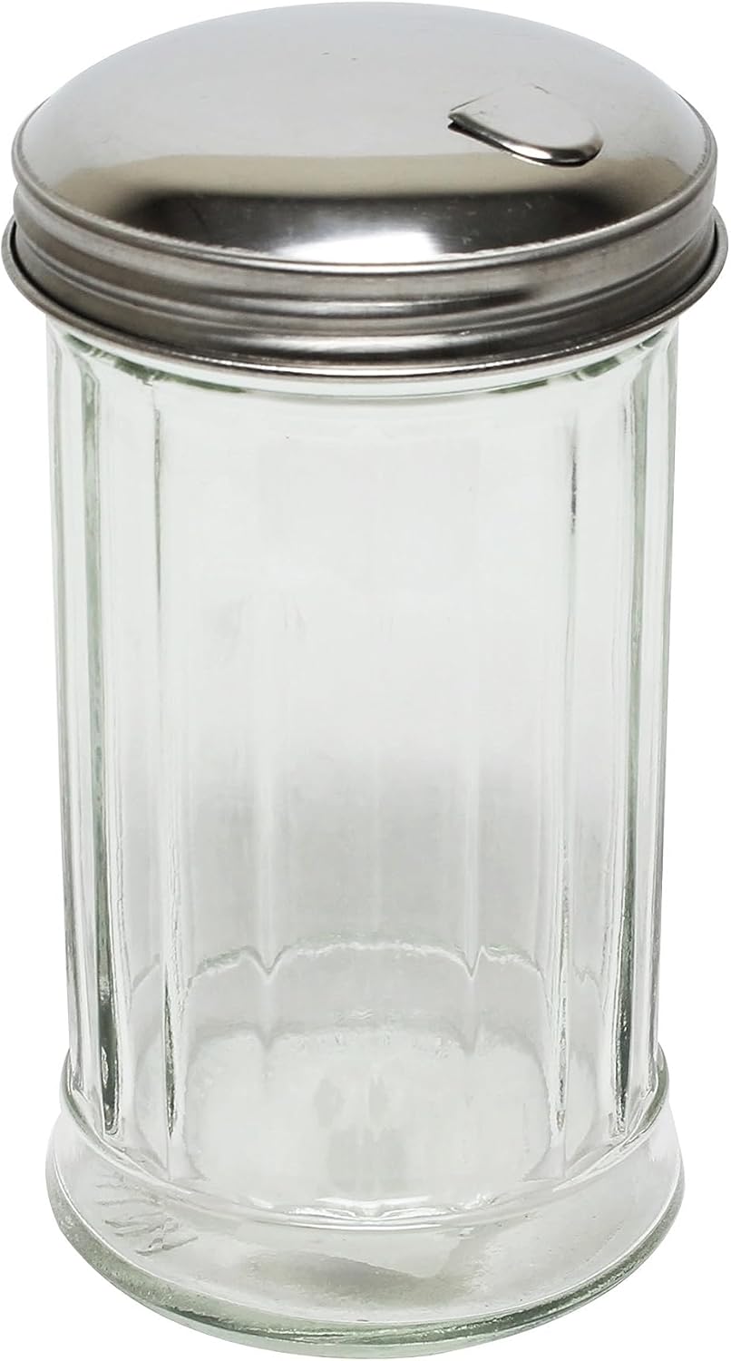 12oz Glass Sugar Dispenser Pourer Shaker with Side Flip Stainless Steel Lid Cover- Paneled design Sugar Cinnamon Sugar Pepper Powder Cocoa Shaker for Kitchen and Restaurants