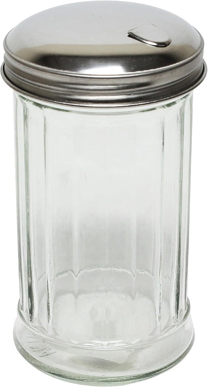 12oz Glass Sugar Dispenser Pourer Shaker with Side Flip Stainless Steel Lid Cover- Paneled design Sugar Cinnamon Sugar Pepper Powder Cocoa Shaker for Kitchen and Restaurants