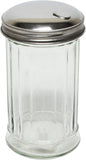 12oz Glass Sugar Dispenser Pourer Shaker with Side Flip Stainless Steel Lid Cover- Paneled design Sugar Cinnamon Sugar Pepper Powder Cocoa Shaker for Kitchen and Restaurants