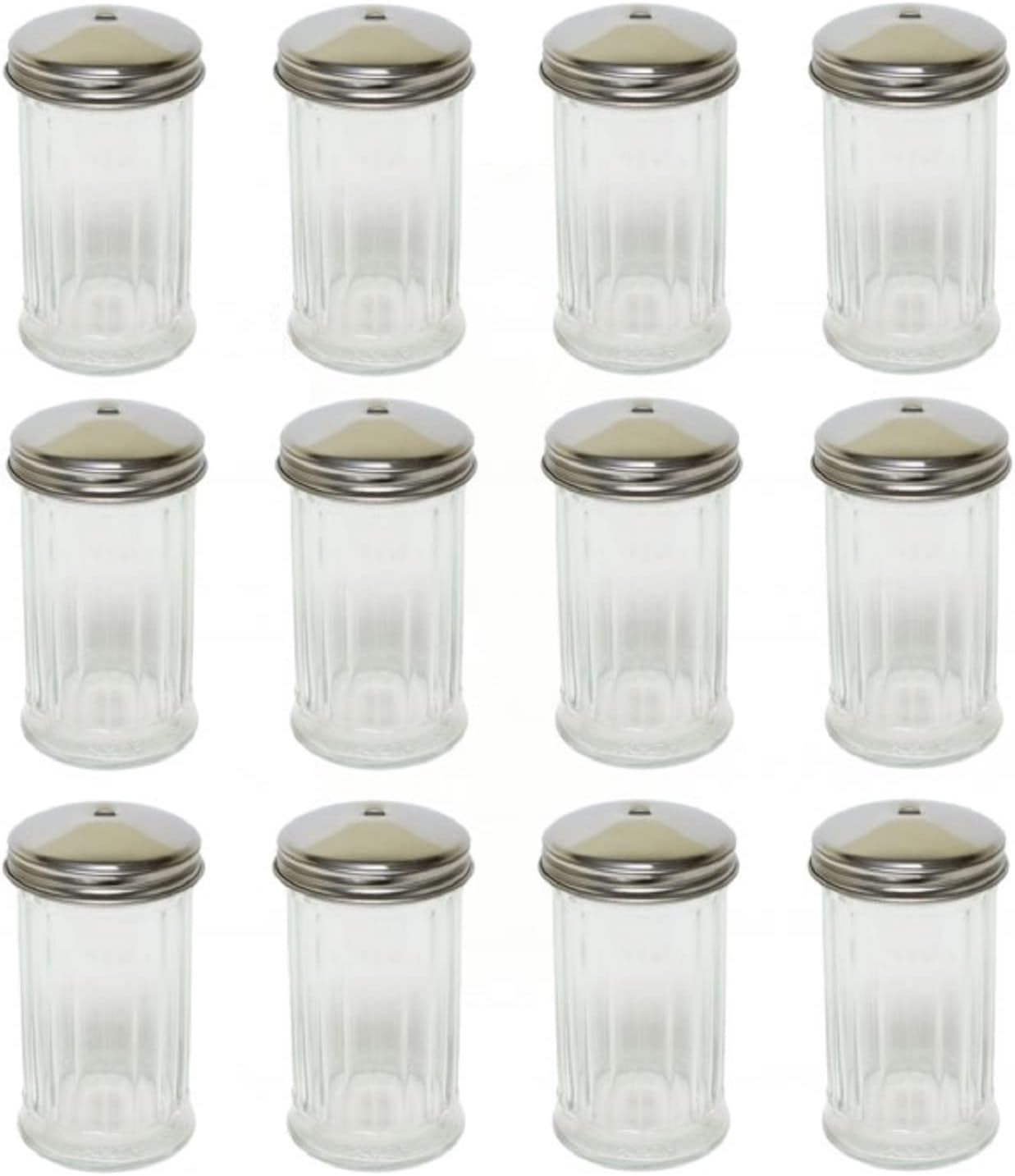 12 oz. Sugar Cheese Shaker Pourer with Stainless Steel  Set of 12- Paneled design Sugar Cinnamon Sugar Pepper Powder Cocoa Shaker for Kitchen and Restaurants
