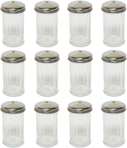 12 oz. Sugar Cheese Shaker Pourer with Stainless Steel  Set of 12- Paneled design Sugar Cinnamon Sugar Pepper Powder Cocoa Shaker for Kitchen and Restaurants