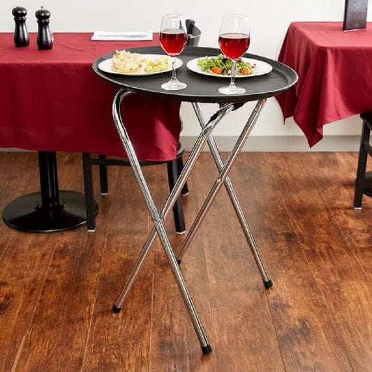 Folding Serving Tray Stand Chrome Plated Iron with Black Nylon Straps - Use at Home Hotels and Restaurants