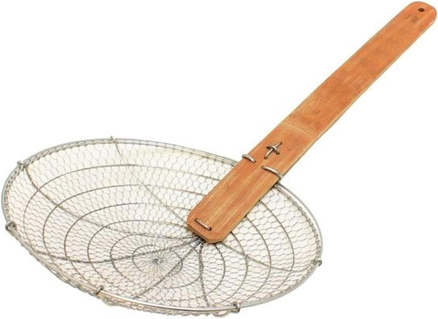 Mesh Skimmer Galvanized Steel with Natural Bamboo Handle- Spider Strainer Ladle Kitchen Frying Food Pasta Spaghetti for Cooking and Frying Pasta Strainer Spoon