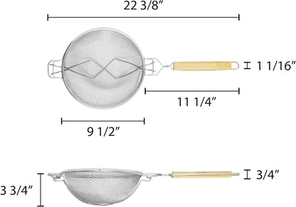 Reinforced Fine Double Mesh Strainer Nickel Plated Wire Frame & Support Handle Length- Kitchen Sieve Sifters Strainers for Sauces Gravies Tea Rice Oil Noodles and Fruits