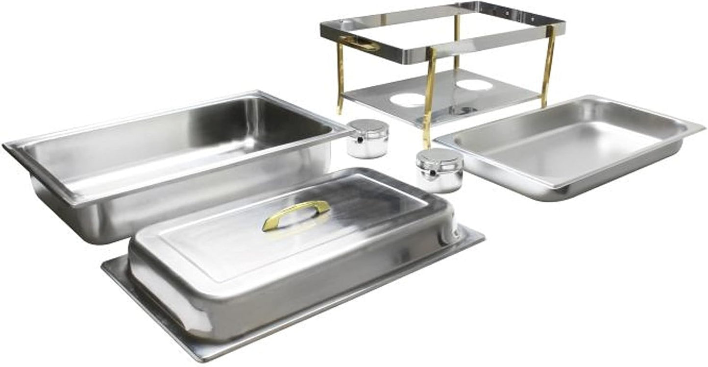 Stainless Steel Full Size Continental Chafing Dish Brass Accent Complete Set- Food Warmer Chafers and Buffet Warmer Sets for Catering Event Party Holiday Buffet Weddings Catering