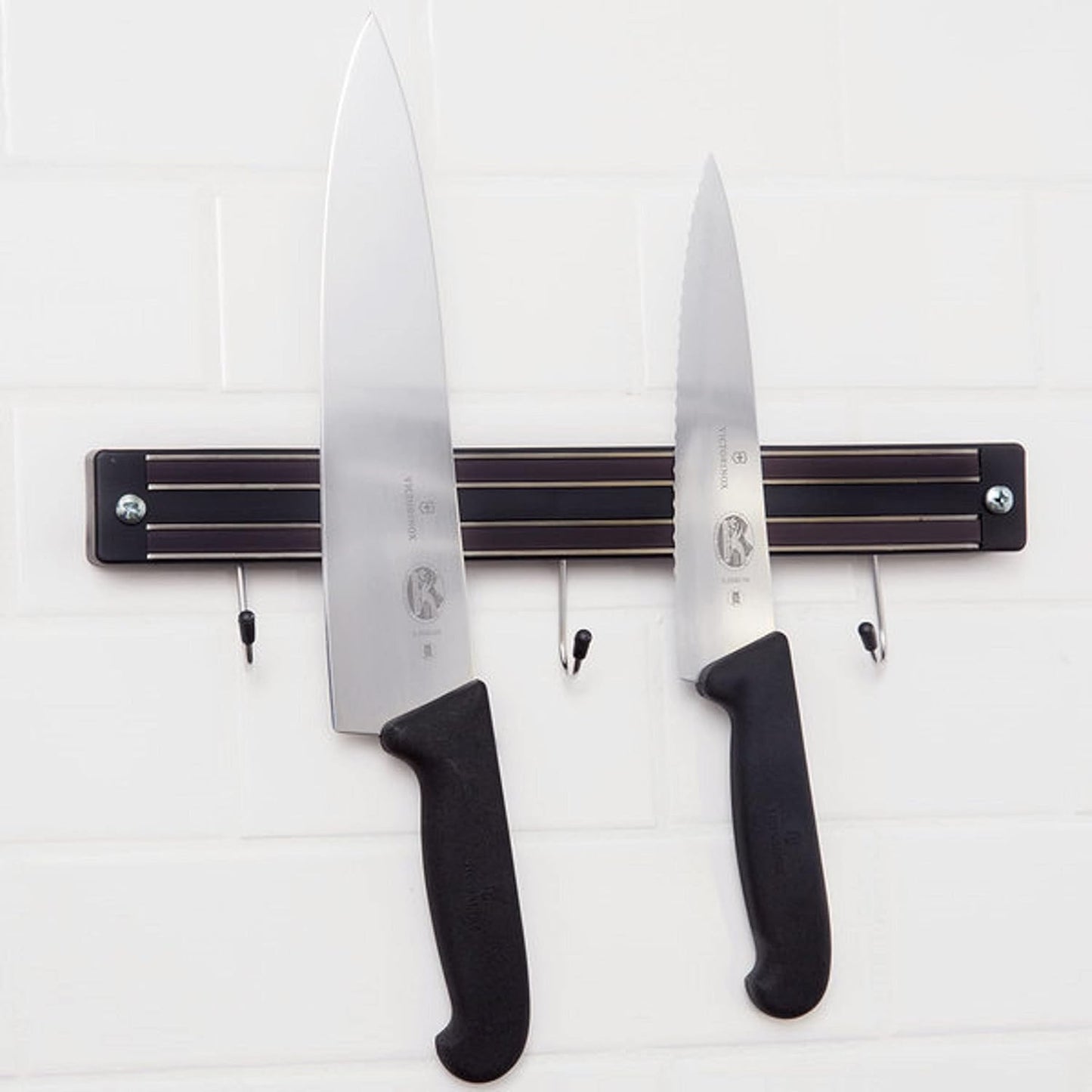 Magnetic Knife Holder Black with Plastic Base & Two Magnetic Strips for Wall optional hanging hooks -Strong Powerful Knife Rack Knife Strip Storage Display Magnetic Tool Organizer