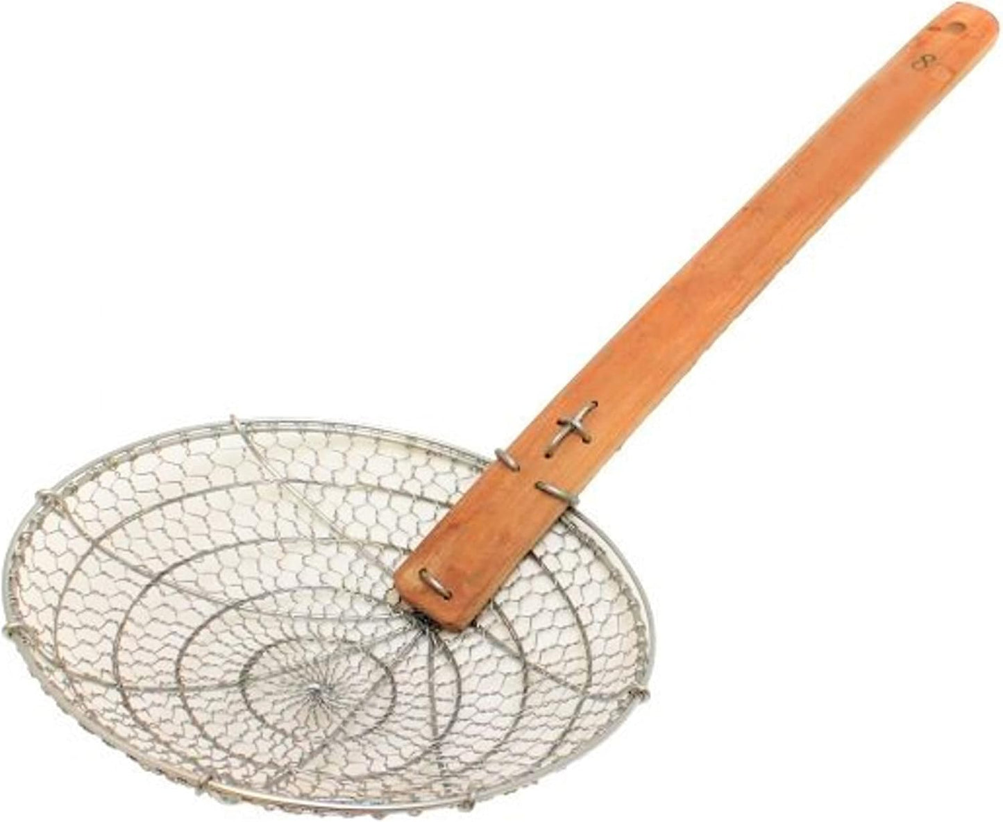 Mesh Skimmer Galvanized Steel with Natural Bamboo Handle- Spider Strainer Ladle Kitchen Frying Food Pasta Spaghetti for Cooking and Frying Pasta Strainer Spoon