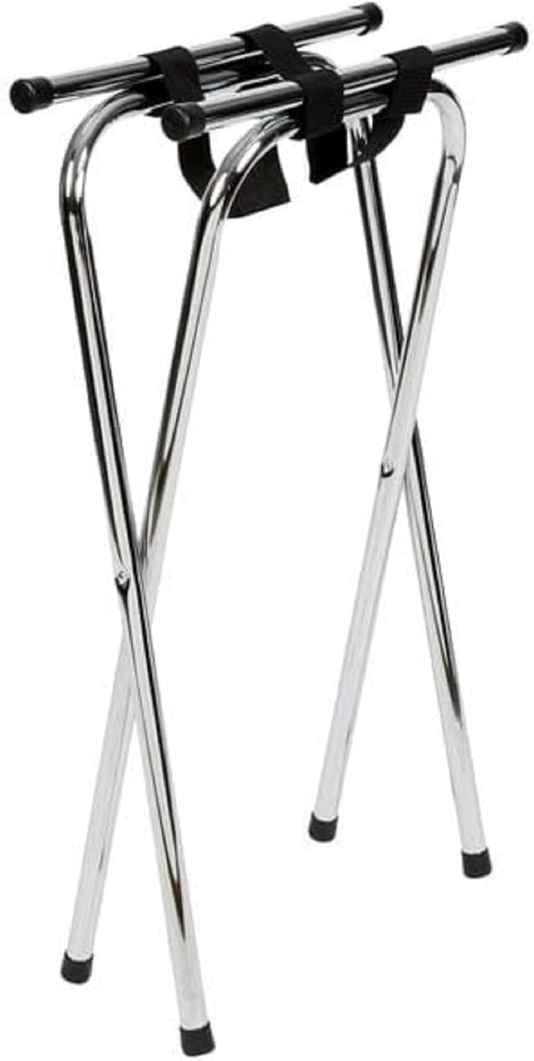 Folding Serving Tray Stand Chrome Plated Iron with Black Nylon Straps - Use at Home Hotels and Restaurants