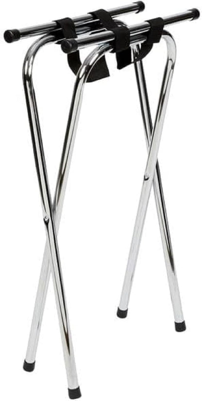 Folding Serving Tray Stand Chrome Plated Iron with Black Nylon Straps - Use at Home Hotels and Restaurants