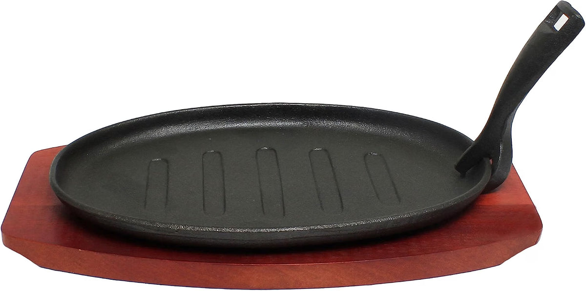 3 Piece Oval Cast Iron Sizzle Platter Set - Sizzler Plates Skillet Set Fajita Plate Fajita Pan With Wooden Base Perfect for Meats Steak Fish And Vegetables