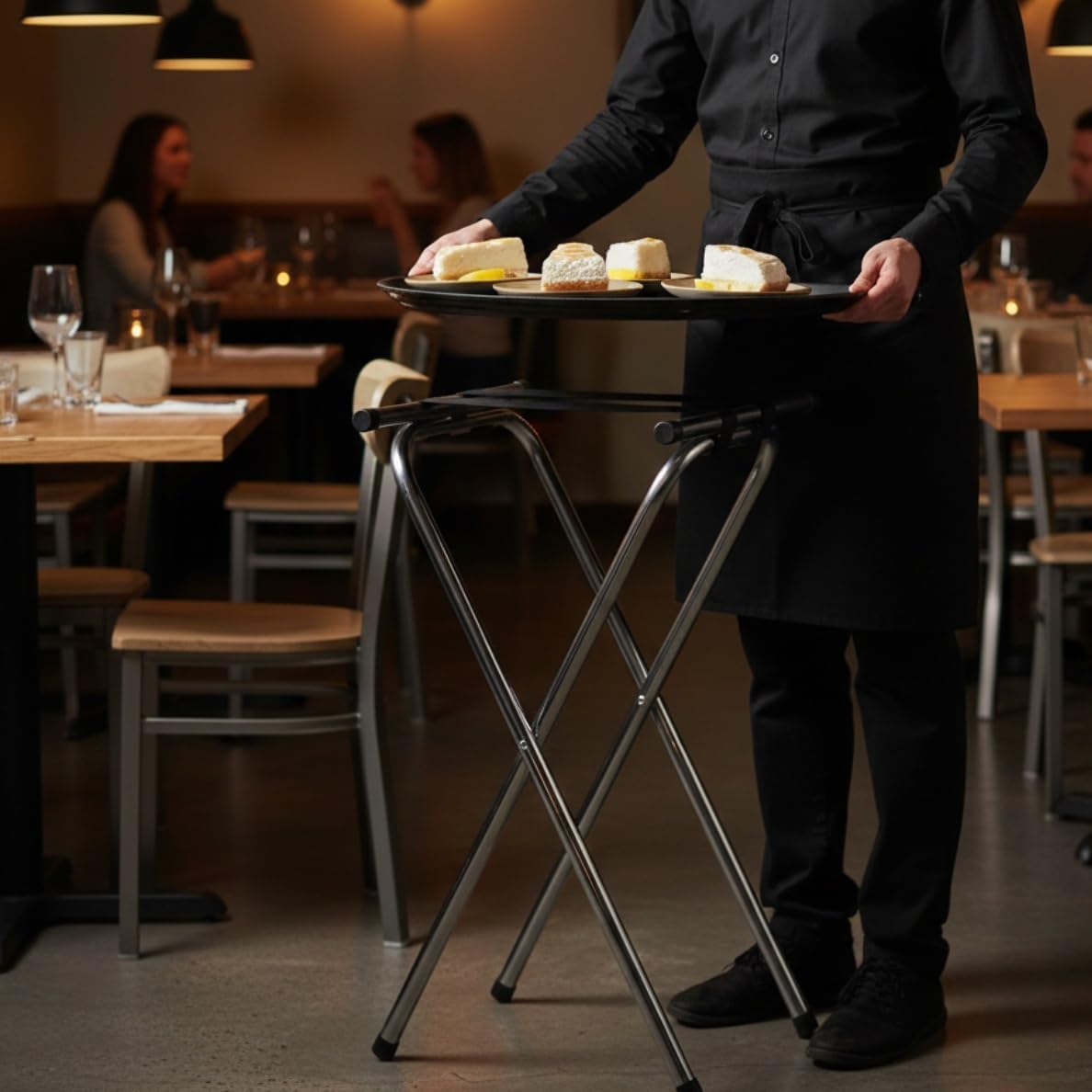 Folding Serving Tray Stand Chrome Plated Iron with Black Nylon Straps - Use at Home Hotels and Restaurants
