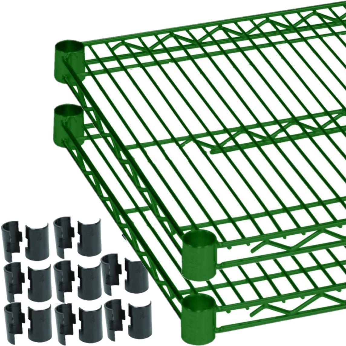 Green Epoxy Coated Iron Wire Shelf Set of 2 with 8 Set of Sleeve Clips- Commercial Shelves Wall Mounted Metal Shelving for Restaurant Bar Utility Room Kitchen and Garage