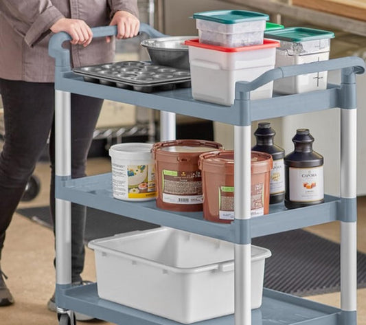 3-Tier Plastic Utility Bus Cart with (2) 4" Locking Casters and (2) 4" Regular Casters - Utility Push Cart for Foodservice Restaurant Cleaning Workplace