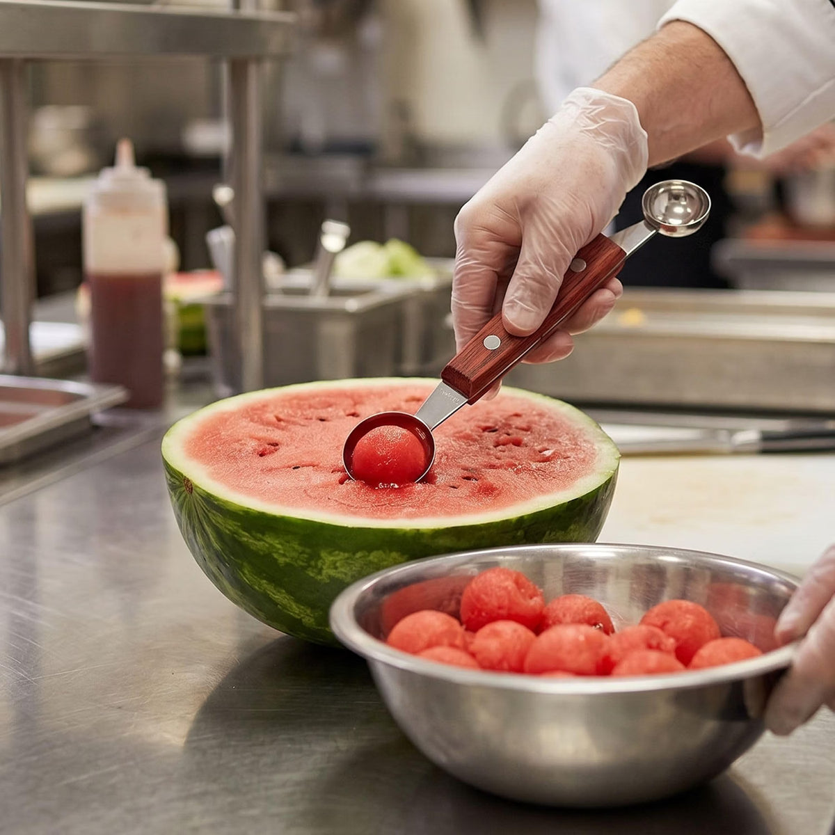 7" Stainless Steel Double Melon Baller with Wooden Center Grip- Fruit Vegetable Kitchen Gadget Fruit Scooper Smooth Round Melon Scoop for Watermelon Ice Cream Sorbet Meatball