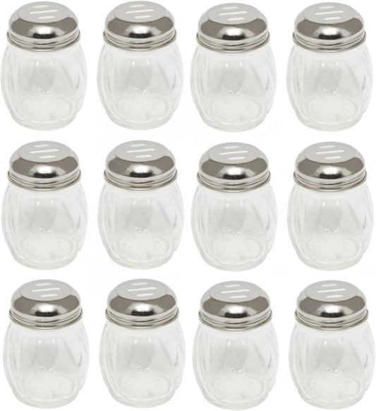 6 oz. Stainless Steel Slotted Swirl Glass Cheese Shaker Set of 12- Swirl design for Spices Parmesan Cheese Spice Shakers Salt & Pepper Shakers