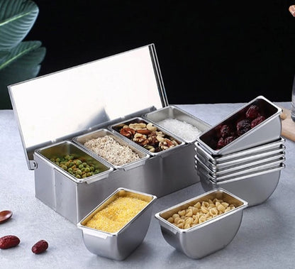 Compartment Condiment Dispenser Garnish Tray Bar Caddy Stainless Steel Body with Acrylic Hinged White Color Lid- Condiment Server Caddy Bar Garnish Holder Bar Accessories Fruit Salad