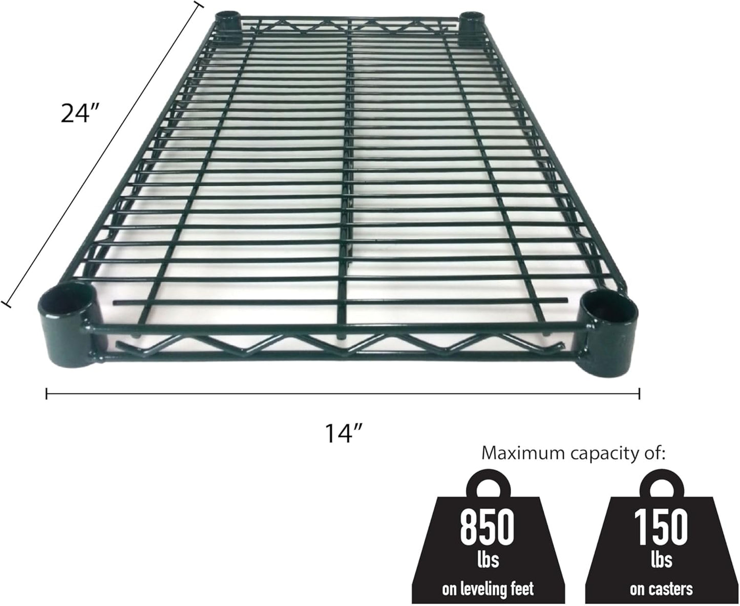 Green Epoxy Coated Iron Wire Shelf Set of 2 with 8 Set of Sleeve Clips- Commercial Shelves Wall Mounted Metal Shelving for Restaurant Bar Utility Room Kitchen and Garage
