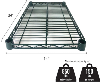Green Epoxy Coated Iron Wire Shelf Set of 2 with 8 Set of Sleeve Clips- Commercial Shelves Wall Mounted Metal Shelving for Restaurant Bar Utility Room Kitchen and Garage